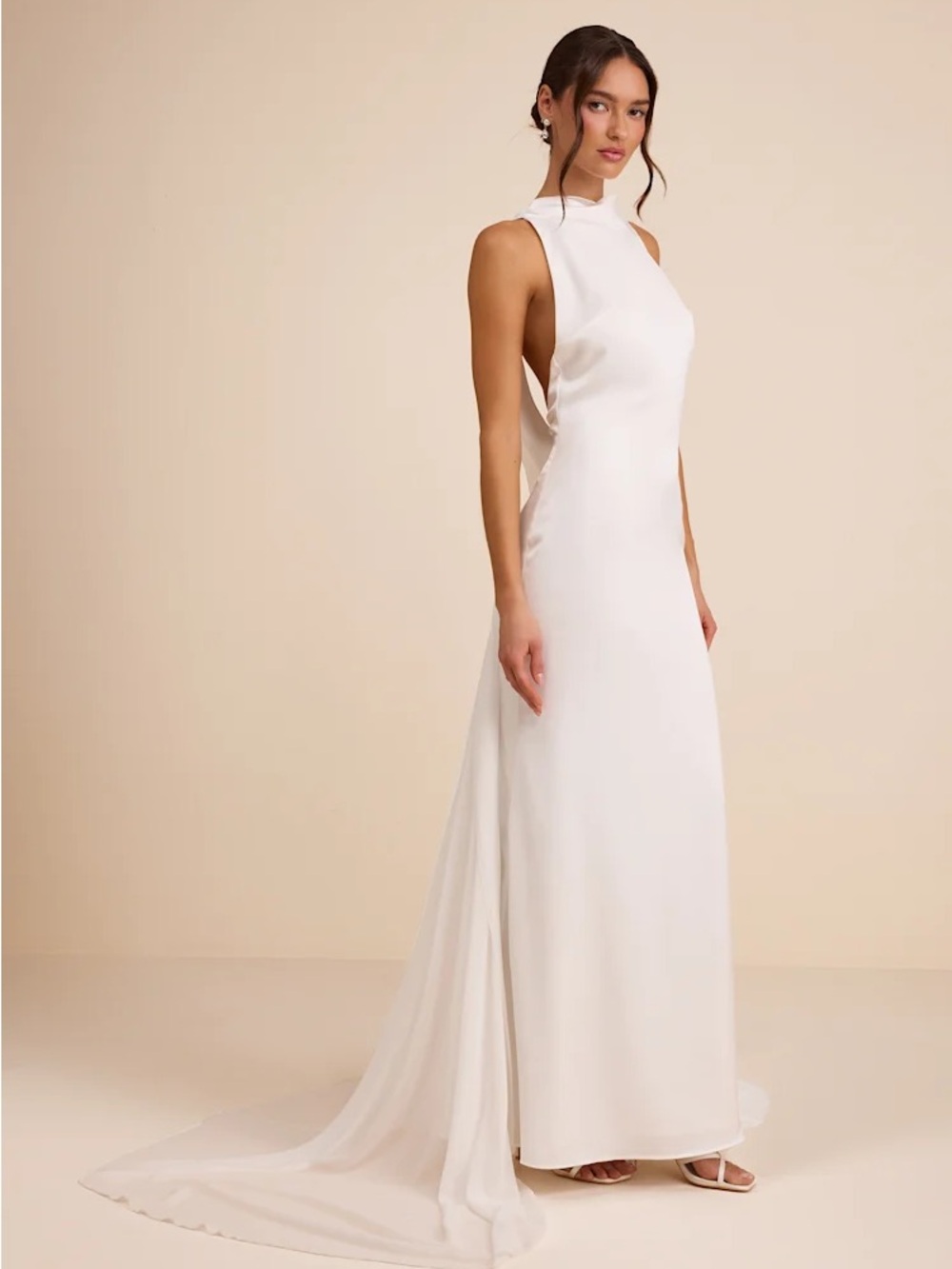 Lulus Perilla White Satin Mock Neck Column Maxi Dress